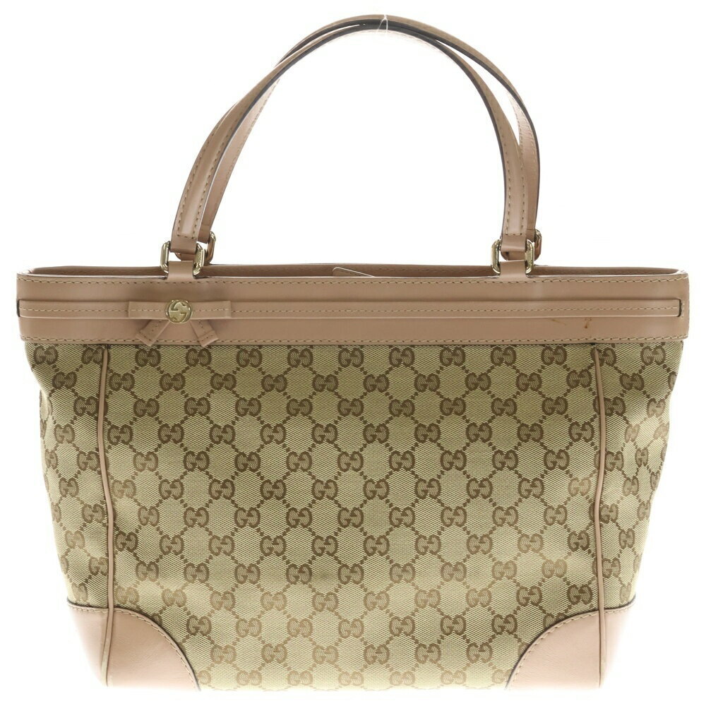 GUCCI GG Canvas Tote Bag Handbag Beige Pink Leather